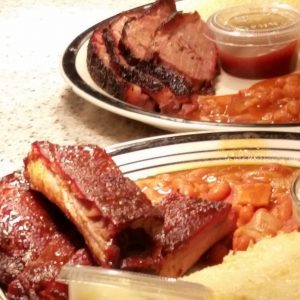 Plates of BBQ being served at Old Home Cooking in Buhl